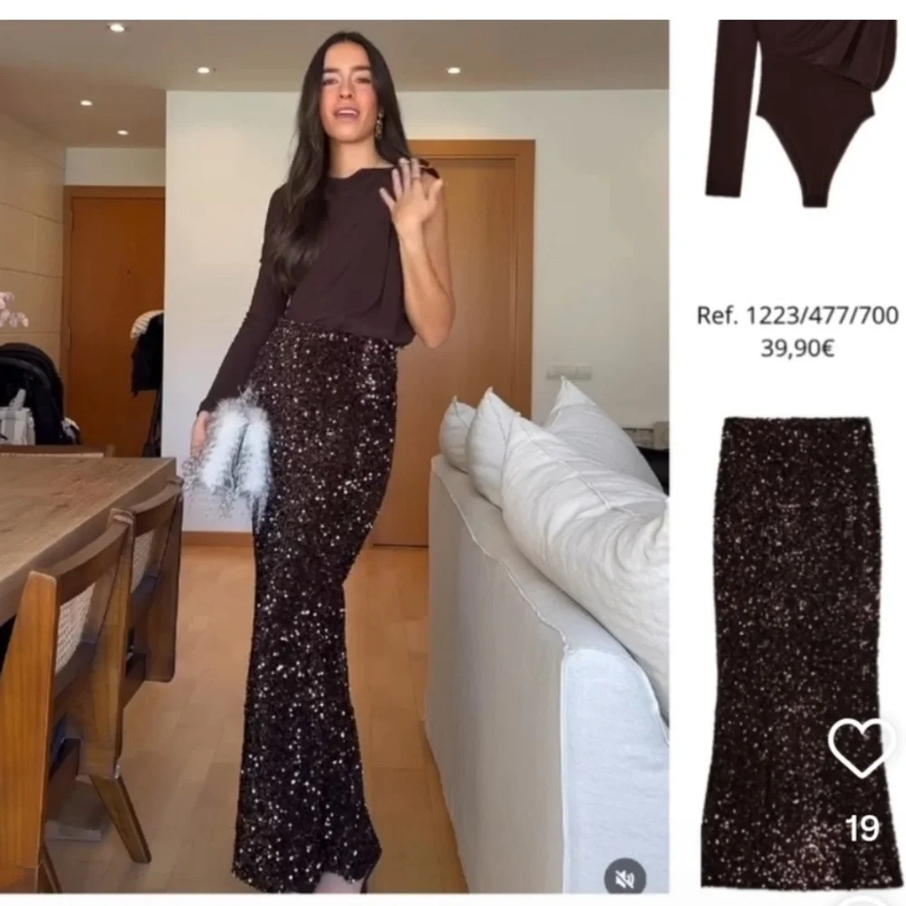 ZARA LONG SEQUIN SKIRT BROWN LARGE